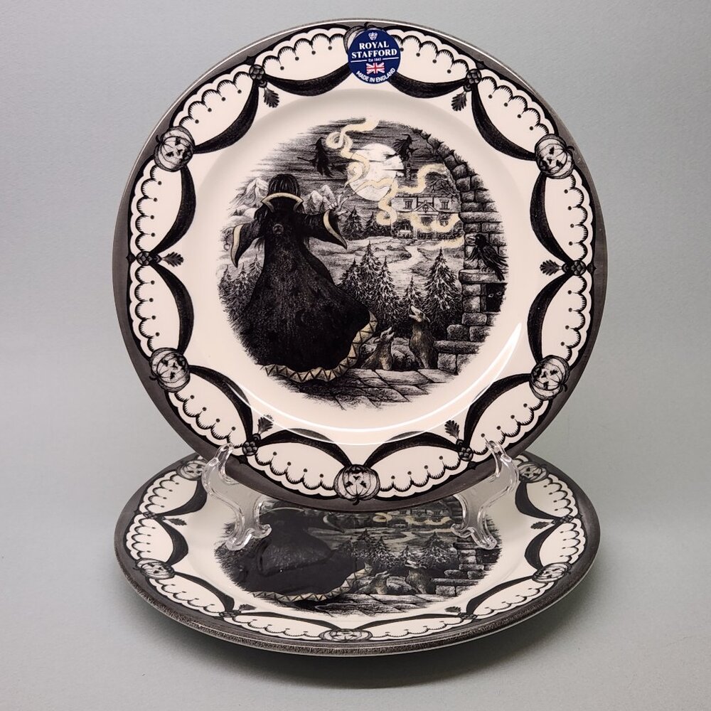 Set of 2 Dinner Plates - Royal Stafford Guardian Halloween China Dishes